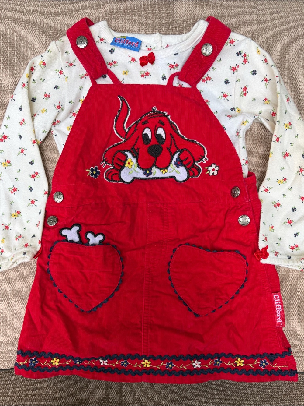VTG 90s Clifford the Big Red Dog Corduroy Overall Dress Shirt COMPLETE SET Y2K
